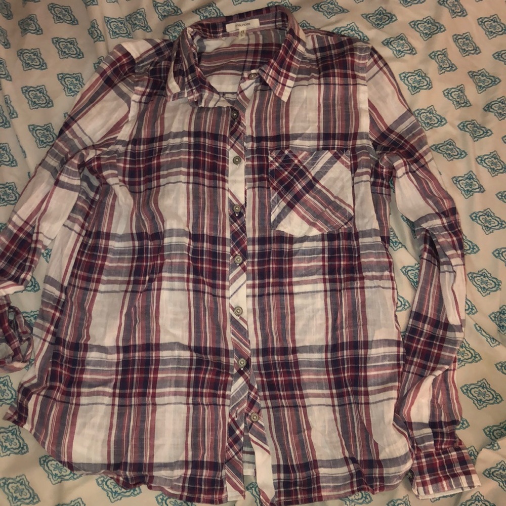 Red white and blue plaid button up shirt